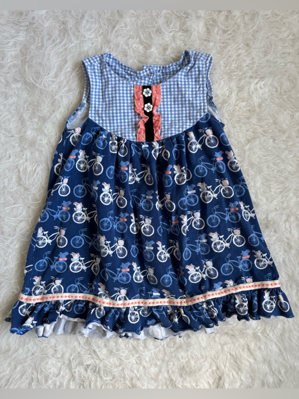 Matilda Jane Girls Navy Maximalism Bicycle & Floral AOP Sleeveless Ruffle Dress